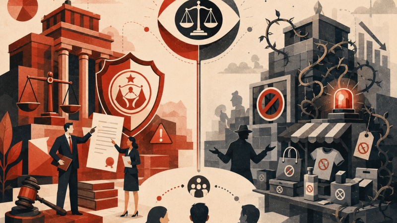 不公平競爭|左右對峙朱紅深墨對比:左權利人公平天平、右侵害方仿冒商品、中央公平正義之眼