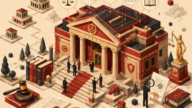 智財商業法院|isometric 立體莊嚴建築:朱紅金印色、列柱台階、技術審查官剪影、審級飄浮