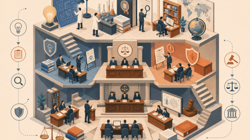 專利申請舉發訴訟流程|isometric 立體場景:法院多層次空間呈現申請、舉發、訴訟三階段