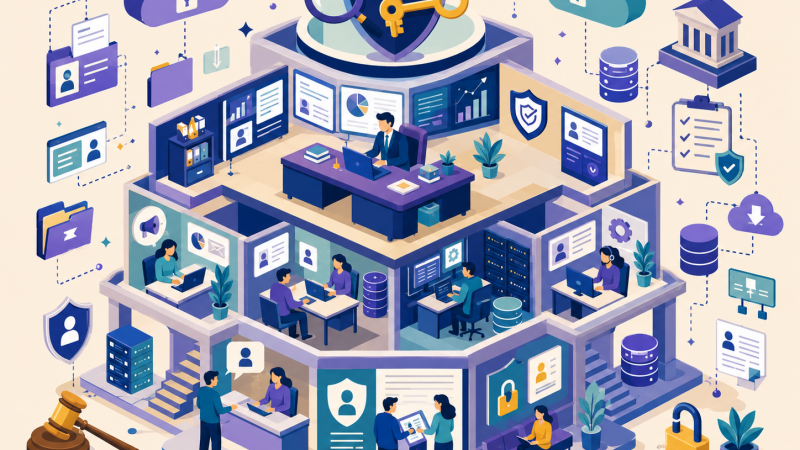 資料保護長 DPO 制度|isometric 立體企業大樓:頂層 DPO 主管監督、中層部門資料流、下層當事人申訴窗口