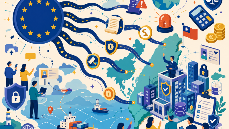 GDPR 域外效力|純平面繽紛 flat:歐盟旗放大伸出觸角跨海至台灣、罰款警告、合規盾牌