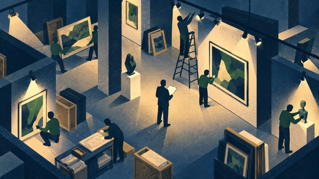 佈展前夜策展人與工作人員忙碌的展廳